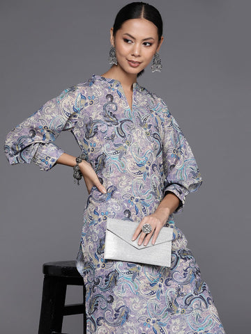 Varanga Women Lavender Printed Straight Kurta With Tonal Bottom